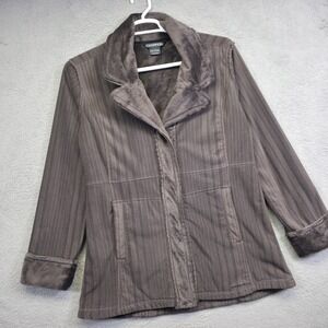 ExOfficio Jacket Womens L Brown Fleece Lined Plush Cozy Striped Lounge Cabincore